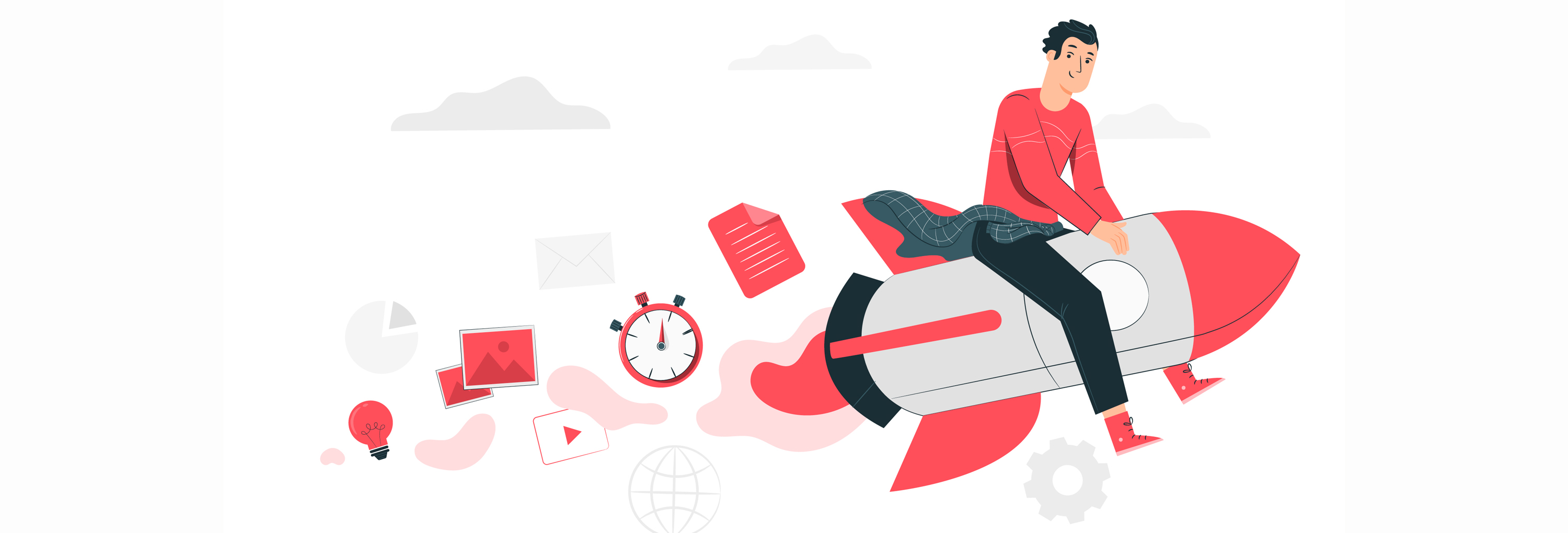 An illustrative image of a person sitting on a rocket, with icons representing ideas, time, and devices trailing behind.
